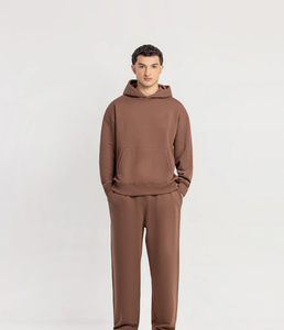 Survêtement à capuche marron uni pour homme, manches longues, coupe décontractée, léger, respirant, 100% coton, vêtements d'hiver, poches latérales, fermeture éclair - Product Image 2