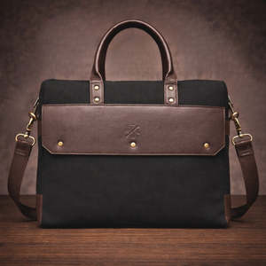 Sacoche pour ordinateur portable classique en toile, couleur noire, bicolore, durable, sac de bureau professionnel avec poignées en cuir et bandoulière - Product Image 3