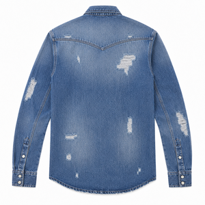 Chemise en jean déchirée et vieillie pour homme, style streetwear, surchemise décontractée en coton lavé, veste de travail vintage personnalisée - Product Image 3