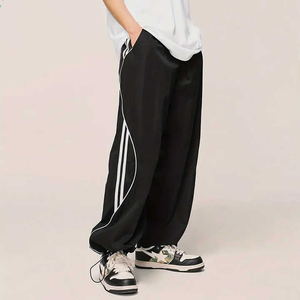 Unisex Wide Leg <b>Track</b> <b>Pants</b> Curved Stripe Design Loose Fit Streetwear Joggers Elastic Waist Casual Trousers - Product Image 3