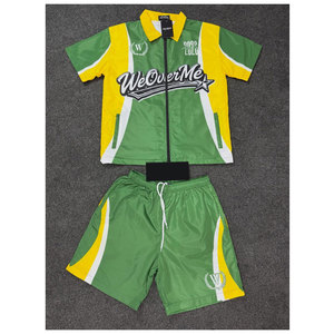 WeOverMe Ensemble de survêtement vert et jaune pour homme, col polo, fermeture éclair sur le devant, style sportif, vêtements d'été, coupe-vent, ensemble short - Product Image 1