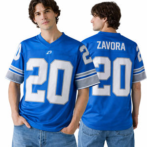 Maillot de football américain bleu en maille de qualité supérieure pour hommes, respirant, en polyester, col en V, uniforme d'équipe, manches courtes, t-shirt athlétique OEM - Product Image 1