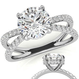 Anillo de compromiso de lujo con diamante redondo brillante de laboratorio y halo oculto de tallo dividido para mujeres y niñas - Product Image 4