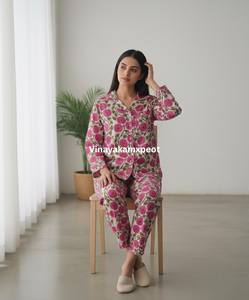 Conjunto de Pijama de Verano para Mujer, Elegante, Estampado Floral Rosa, de Algodón con Estampado a Mano, de Secado Rápido, Transpirable, de Longitud Completa - Product Image 6