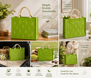 Sac de courses en toile de jute verte avec broderie 35x28x15cm avec poignée supérieure pour le rangement - Product Image 3