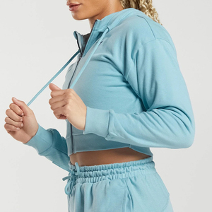 Women's Light Blue <b>Cropped</b> Hoodie Full Sleeve <b>Zip</b>-<b>Up</b> Solid Color Knitted Fleece Sweatshirt Autumn Wear - Product Image 4