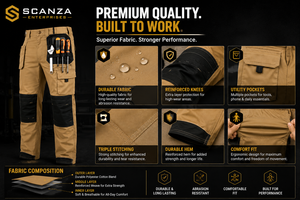 Men's Tan Polyester <b>Work</b> Pants Multiple Pockets Abrasion Resistant Reflective CE Certified Hi Visibility Workwear <b>Cargo</b> Style - Product Image 5