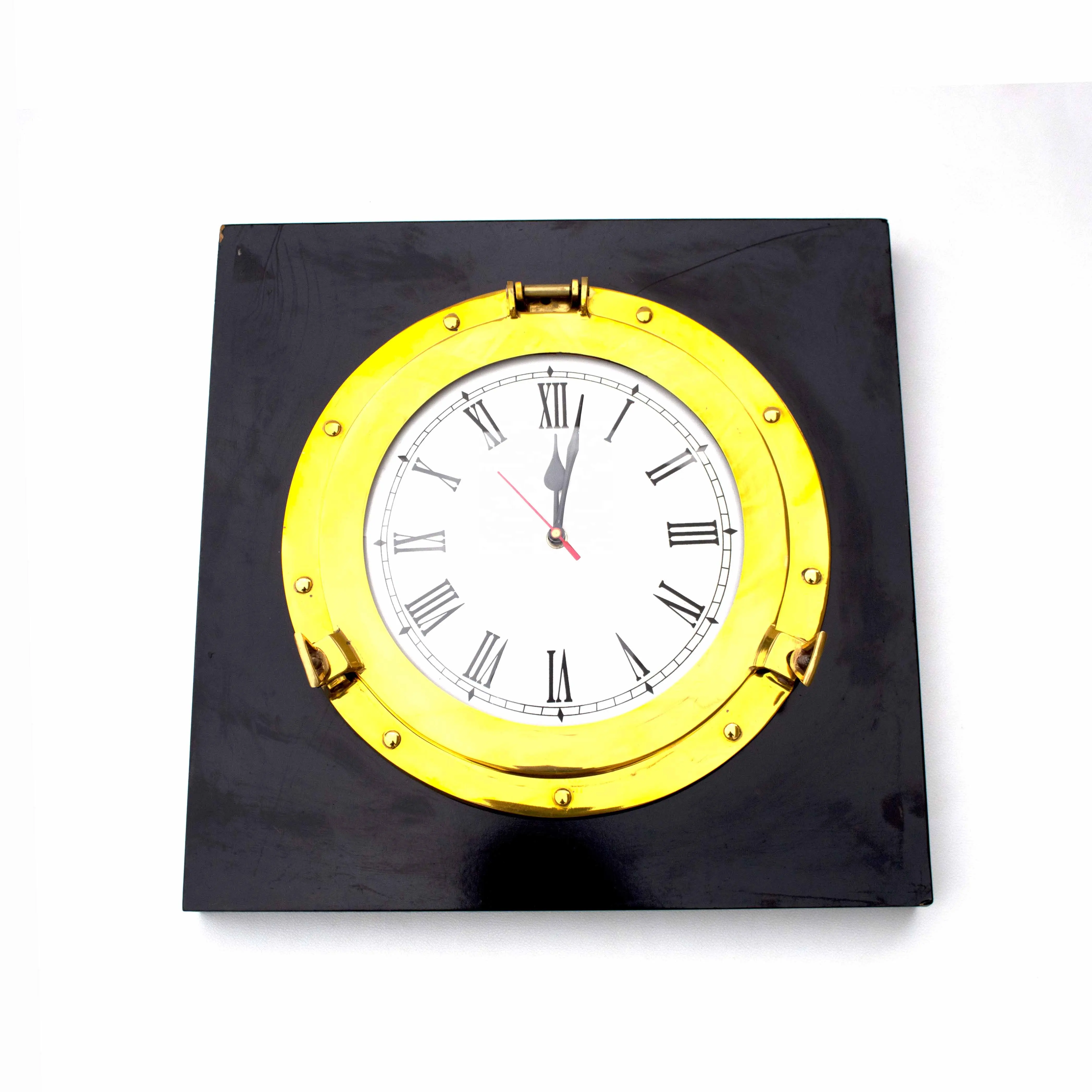 تصميم كلاسيكي ساعة أنيقة لديكور المكاتب مظهر إطار نحاسي شكل مرآة دائرية لجدار بحري طلاء ذهبي نهائي