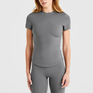 Camiseta de Punto de Manga Corta para Mujer, Color Sólido, Corte Regular, Transpirable, Antihumedad, Antiarrugas, Secado Rápido, Deportiva, Venta al Por Mayor - Product Image 1