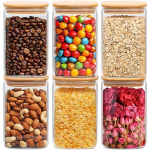 Set di 6 Contenitori in Vetro da 1,2 Qt con Coperchi, Barattoli Trasparenti per Alimenti, Organizzatori Quadrati per Dispensa - Product Image 1