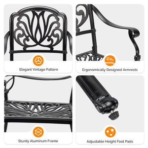 Set di 2 Sedie da Pranzo Impilabili per Esterni in Alluminio Pressofuso, Finitura Nera Vintage con Motivo Floreale, Poltrona in Metallo per Patio, Giardino, Terrazza - Product Image 6