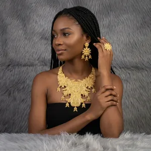 Premium Brass African Wedding Gold Plated Flower Necklace and Earrings Set for Women Wedding Statement Jewelry AC1N0312AY - Product Image 4