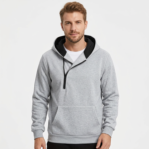 Sudadera con capucha gris para hombre, media cremallera, corte regular, color liso, estilo casual, felpa francesa, 100% algodón, para otoño, hecho en Bangladesh - Product Image 3