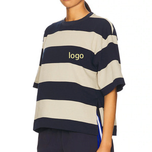 Oversized <b>Striped</b> Crop <b>T</b>-<b>Shirt</b> With Logo Front Short Sleeve Casual Jersey <b>Men's</b> Top - Product Image 3