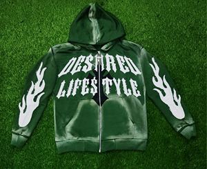 เสื้อฮู้ดดี้ผู้ชายทรงบ็อกซี่แบบซิป ผ้าฟลีซสไตล์เรโทร แต่งดีเทลขาดๆ แบบดรอปโชว์เดอร์ สปอร์ตแวร์ลำลองขายดีอันดับต้นๆ - Product Image 3