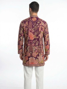 Luxury Purple Men’s Silk Kurta Tunic Hand Embroidered Floral Wedding Groom Wear Designer Short Ethnic Shirt Partywear Indian <b>Pak</b> - Product Image 3