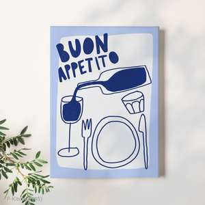 Arte en Lienzo de Cocina Italiana, Ilustración Mediterránea de Pasta y Vino, Decoración de Pared con la Frase Buon Appetito - Product Image 1