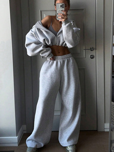 New Elastic Hem Oversized Hooded <b>Cropped</b> <b>Zip</b>-<b>Up</b> Sweatshirt Custom Tracksuit Matching Wide-Leg Sweatpants Set <b>Cropped</b> Winter Wear - Product Image 5