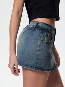 Jupe en jean vintage délavée pour femme, taille haute, coupe ajustée, mini-jupe en jean, style décontracté urbain, vêtements d'été - Product Image 6