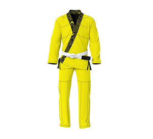 Kimono de BJJ jaune avec col à motifs noirs et ceinture blanche, coupe régulière, unisexe, adulte, vêtements d'arts martiaux, 100 % polyester, séchage rapide - Product Image 1