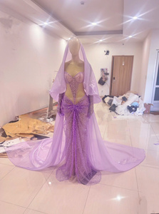 Purple Mermaid Wedding Dress With <b>Jacket</b> Beaded <b>Chiffon</b> Floor-Length Cathedral Train Sweetheart Neckline Backless Design - Product Image 2
