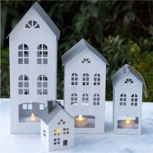 Rustic Galvanized Metal House Candle Holder <b>Set</b> Shabby Chic White Zinc <b>Lantern</b> Tabletop Christmas Decorative Village Display - Product Image 2