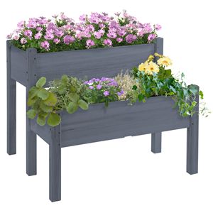 Classic 2-Tier Wooden <b>Planter</b> Box Self-Watering Raised Garden Bed for <b>Vegetables</b> Herbs Flowers-Gray - Product Image 1