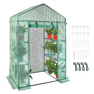 Serra da Giardino Walk-in 4.6 x 2.4 x 6.7 piedi con Ripiani, Copertura in PE ad Alta Resistenza, Telaio in Acciaio, Porte e Finestre in Plastica Verde - Product Image 1