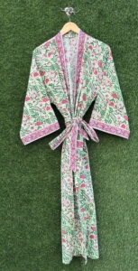 Indian Floral Hand Block Print Handcrafted 100% Cotton Women's Long Sleeve V-Neck <b>Kimono</b> Robe Machine-Washable Summer High - Product Image 3