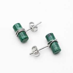 Malachite Cylinder <b>Stud</b> <b>Earrings</b> Silver Plated Brass Natural Gemstone Minimalist Cabochon Bar <b>Earrings</b> Wholesale - Product Image 3