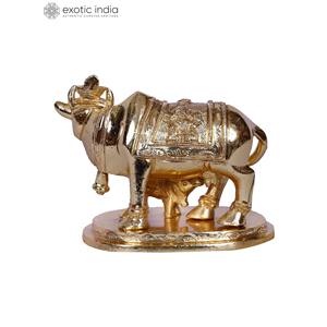 2 Inches Gold-Plated Brass <b>Statue</b> of Mother Cow with Calf Handmade Sculpture for Home Decor and Gifting Made In India - Product Image 2