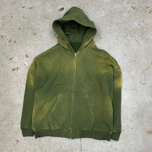 Sudadera con capucha para hombre, estilo vintage, con cremallera, lavado desgastado, informal, holgada, de algodón y forro polar - Product Image 1