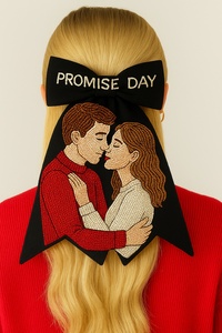 Parfait pour la Journée de la Promesse : Pince à cheveux romantique pour couple, nœud brodé à longue queue sur le thème de la Saint-Valentin pour femmes et filles - Product Image 1
