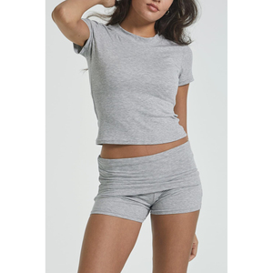 Conjunto de 2 Piezas Rosa, Top Corto con Cuello Redondo y Pantalones Cortos Fruncidos de Cintura Alta, Color Sólido, Spandex y Algodón, Ropa de Yoga - Product Image 4