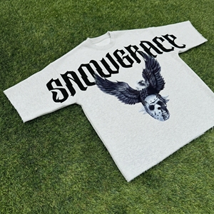 Snowgrace Men's Oversized T-<b>Shirt</b> With Eagle Skull Print Street Style Short Sleeve O-Neck 100% Cotton Jersey Fit - Product Image 2