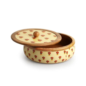 Handcrafted Mango Wood Roti Hot Pot with Floral Printed Lid Wooden Hot Pot Casserole Elegant Kitchen and Dining <b>Table</b> Serveware - Product Image 2
