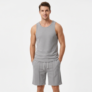 2027 AW Men's Gray Knitted Tank Top Set Crew Neck Solid Color Breathable Eco-Friendly Casual Summer Wear 100% Cotton <b>Shorts</b> - Product Image 4
