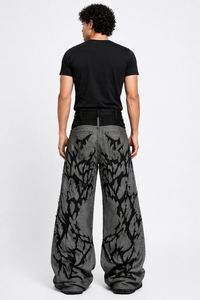 Mens Grey Black Graphic Wide Leg Denim Jeans Abstract Print Designer Streetwear <b>Pants</b> Oversized Baggy Fit Urban Fashion Denim - Product Image 3