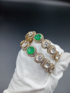 Silver Gold Plated AMAIRA JEWELS SM-584 Luxury Bangles Set Green Doublet Polki Stone for Women Traditional Engagement Jewelry - Product Image 5