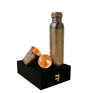 fancy Copper Water Bottle with Two Glass Hammered Design For Hydration Yoga & Ayurveda Inspired Drinkware Bottle With Packaging - Product Image 1