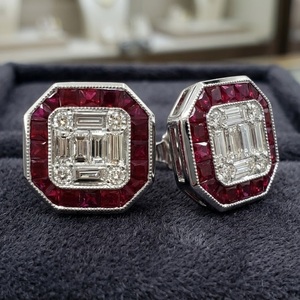 Pendientes Art Deco de Oro Blanco Sólido de 18K con Rubí Rojo, Diamantes Baguette en Racimo, Halo Octagonal, Joyería Fina al por Mayor - Product Image 1