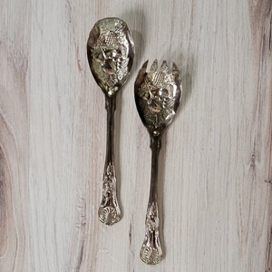 Silver Stainless Steel Beautiful Salad <b>Servers</b> Set Ornate Floral Design Metal Serving Utensils - Product Image 6