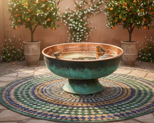 Bassin à oiseaux moderne en métal verdigris fait main, mangeoire décorative pour oiseaux de jardin, bassin d'eau pour patio et cour - Product Image 1