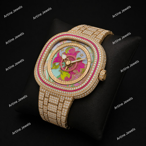 Gold Crystal Floral Dial <b>Watch</b> Pink Green Artistic Luxury Timepiece For Women Elegant Fashion Statement Gift Accessory - Product Image 2