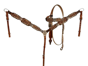 Floral Tooled and White Buck Stitch Browband Headstall Breast Collar and Reins Western Horse Tack Set Premium Handmade Genuine - Product Image 1