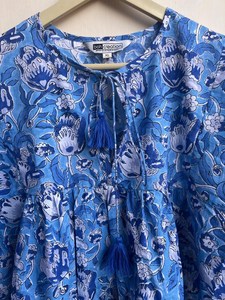 Casual Floral Block Print Cotton Maxi Dress Summer Tunic <b>Top</b> with Deep Neck <b>String</b> Closer Tank Sleeves Hand Embroidered - Product Image 5