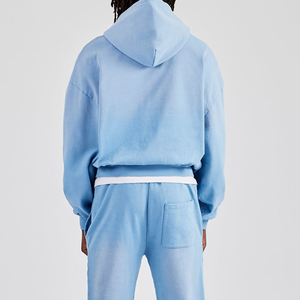 Survêtement unisexe bleu clair à capuche, coupe ample, sweat-shirt et pantalon en coton, couleur unie, tenue décontractée pour l'automne - Product Image 4