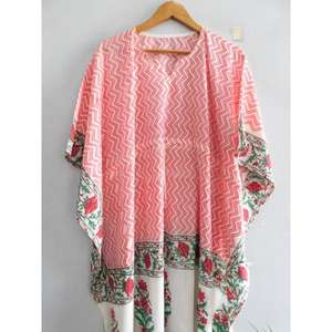 Vestido Kaftán de Algodón con Estampado de Bloques, Cuello en V, Manga Murciélago, Corte Ajustado y Evase, Hecho a Mano, Estilo Boho, Túnica Holgada para la Playa, Atuendo de Verano para Vacaciones - Product Image 2