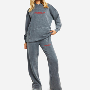 New Arrived Top Selling Womens Winter Tracksuit Heavyweight Acid <b>Washed</b> Embroidered Lace Vintage Solid 2 Piece Jogger Set High - Product Image 5