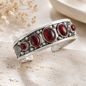 <b>Ruby</b> Red Garnet Five Stone Wide Cuff Bangle Handmade Brass Silver Gold Plated Classic Unisex Gift Jewelry - Product Image 6